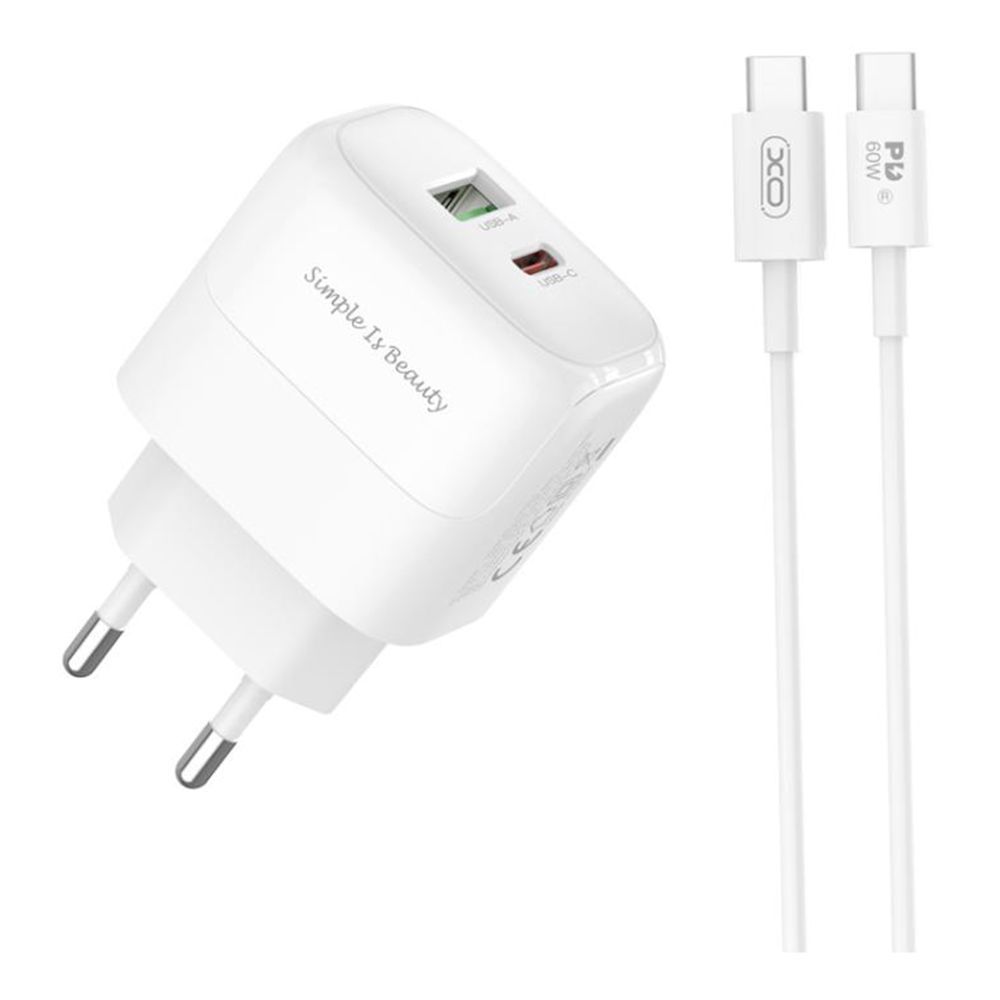 Мережевий Зарядний Пристрій XO L137 1USB-C/1USB PD/QC 20W+Type-C to Type-C New Logo